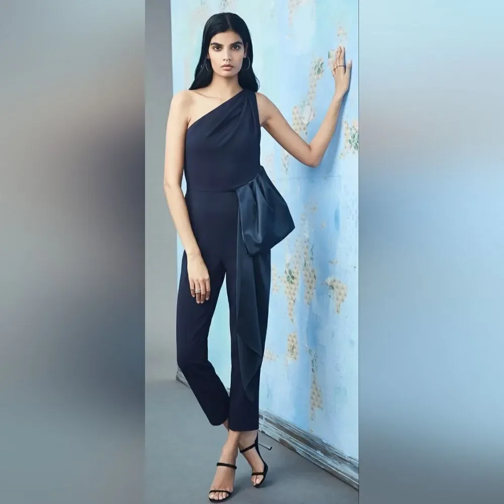 CUSHNIE ASYMMETRIC ONE SHOULDER Silk Draped Jumpsuit NWOT size 6 Navy Blue